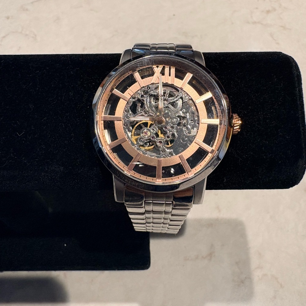 Kenneth Cole Skeleton Dial Stainless Steel Watch with Rose Gold Crown